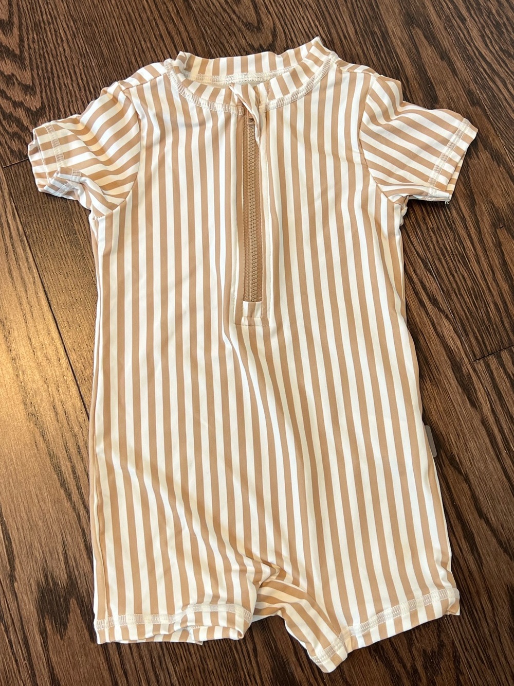 Petit Lem Beige and White Striped Short-Sleeve Swimsuit